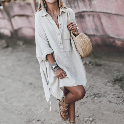 Women'S Casual Loose Cotton Linen V-Neck Midi Dress