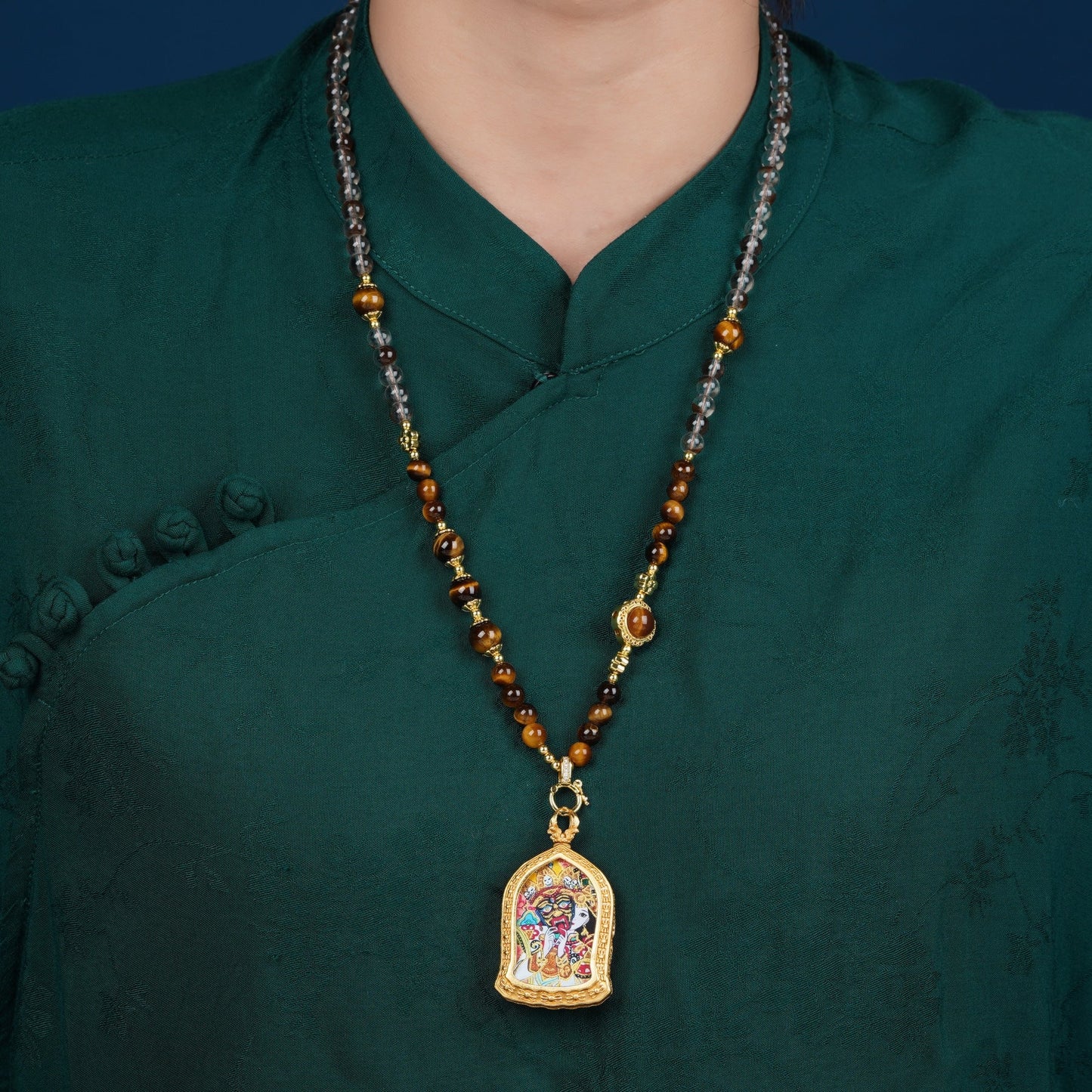 White Crystal Tiger'S Eye Stone Necklace Tibetan Style Goddess Of Wealth Zakiram Thangka Pendant Rope Girls Jewelry