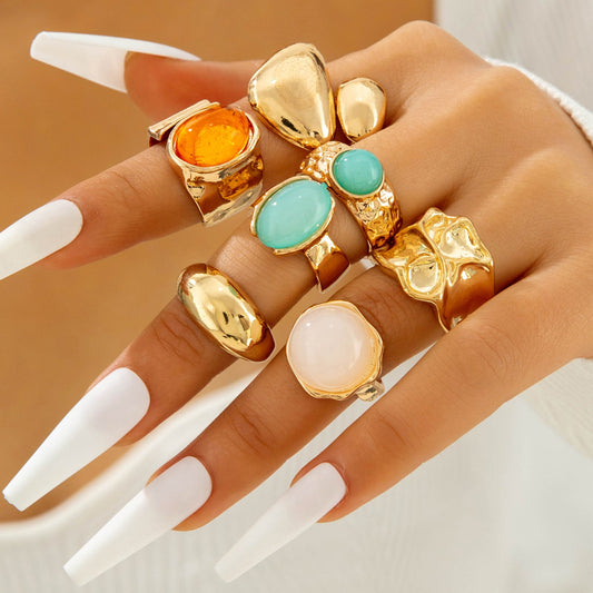 Retro Geometric Adjustable Ring Set With Gemstone Inlays