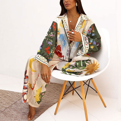 Chic Floral Print Loose-Fit Shirt and Wide-Leg Pants Set