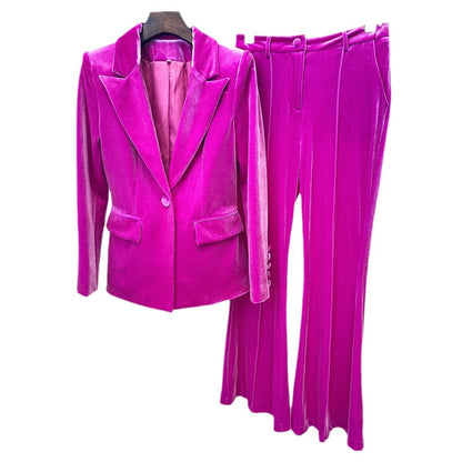 Elegant Velvet Blazer And Flare Pants Set