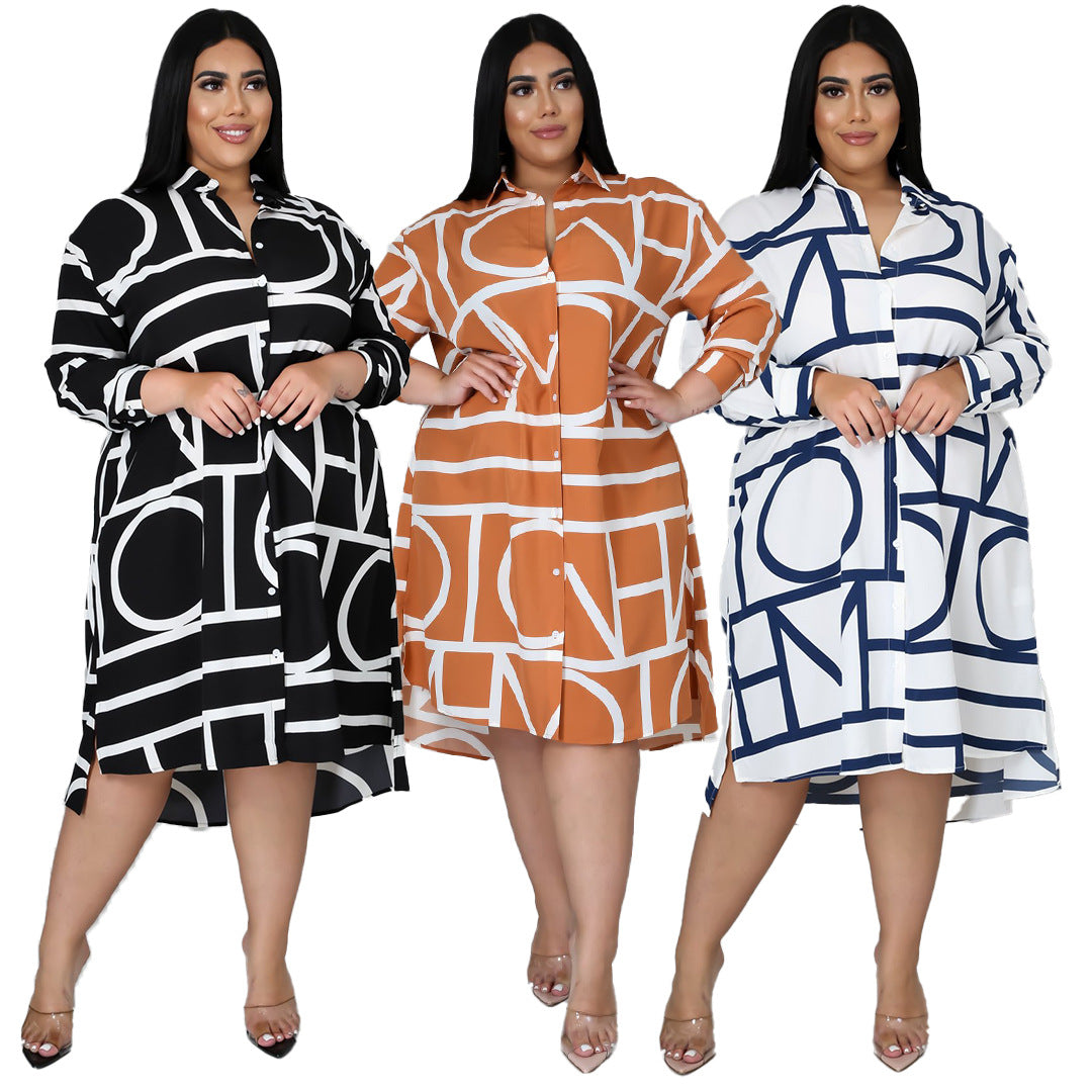 Floral Pleated Waist Shirt Dress Plus Size Casual