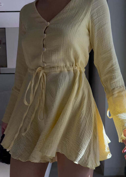 Flared Sleeve Button Romper In Lightweight Yellow Fabric