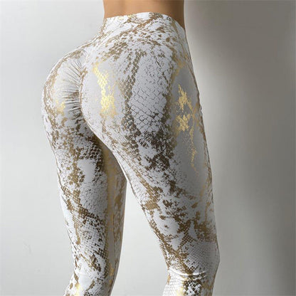 High Elastic Golden Snake Skin Peach Hip Fitness Pants High Waist Hip Lifting Quick Drying Sports Pants Tight Elastic Yoga Pants