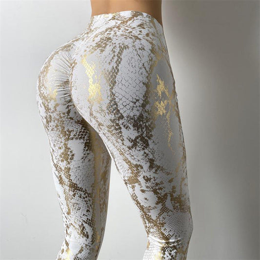 High Elastic Golden Snake Skin Peach Hip Fitness Pants High Waist Hip Lifting Quick Drying Sports Pants Tight Elastic Yoga Pants