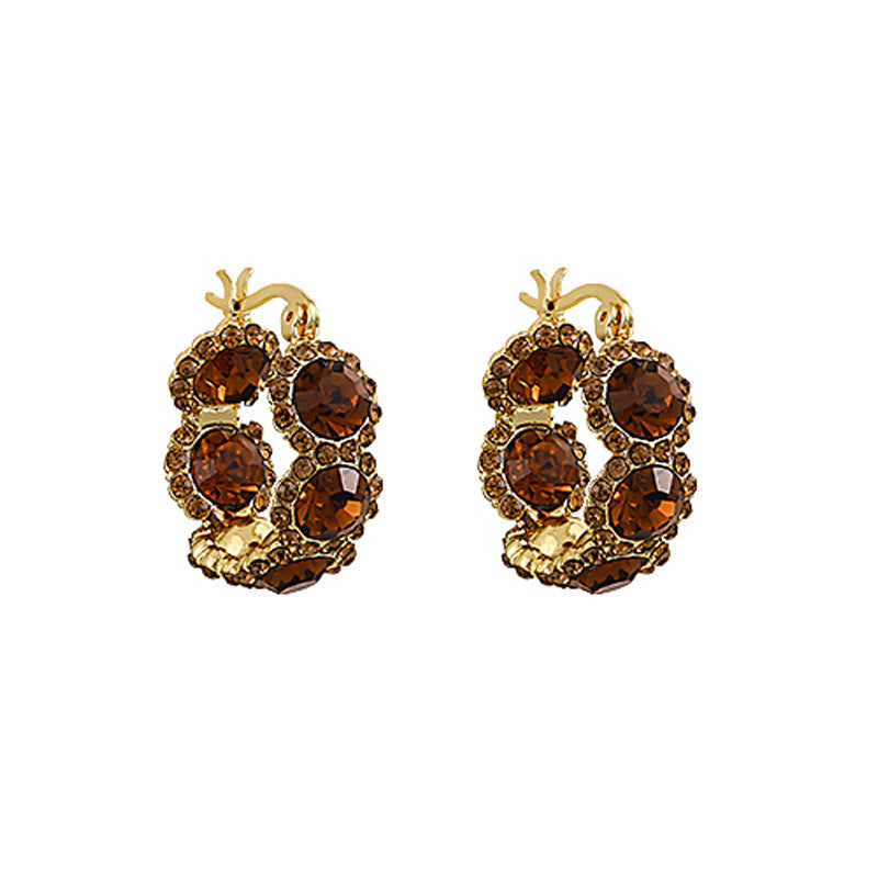 Coffee Crystal Circle Elegant Hoop Earrings