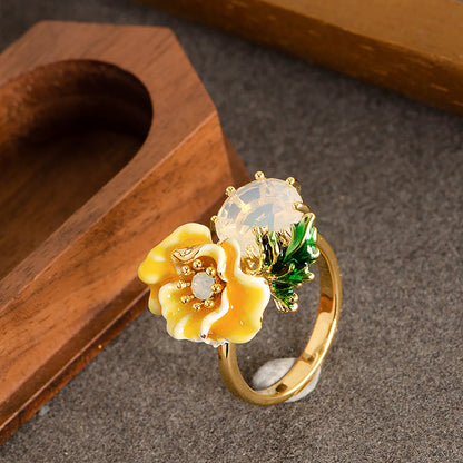 Elegant Floral Adjustable Open Ring With Zirconium For Women