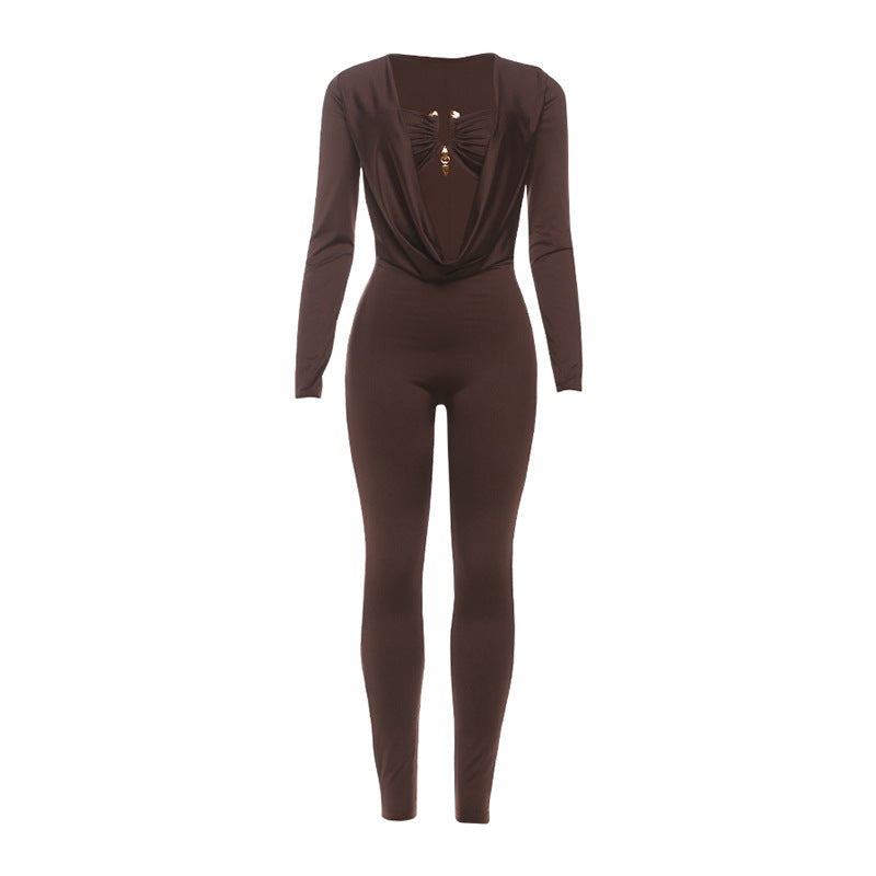 New Sexy Solid Color Jumpsuit With Wrap Neckline And Fitted Waist