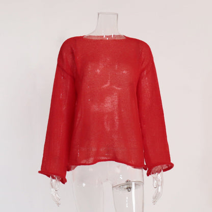 Hollow Knit T-Shirt with Bell Sleeves for Women
