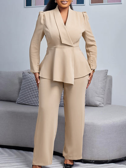 Elegant Ruffle Top And Wide Leg Pants Set For Women