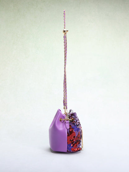 Elegant Floral Embroidered Sequin Mesh Color Block Bucket Bag