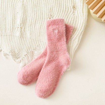 Winter Bow Embroidered Thick Plush Crew Socks