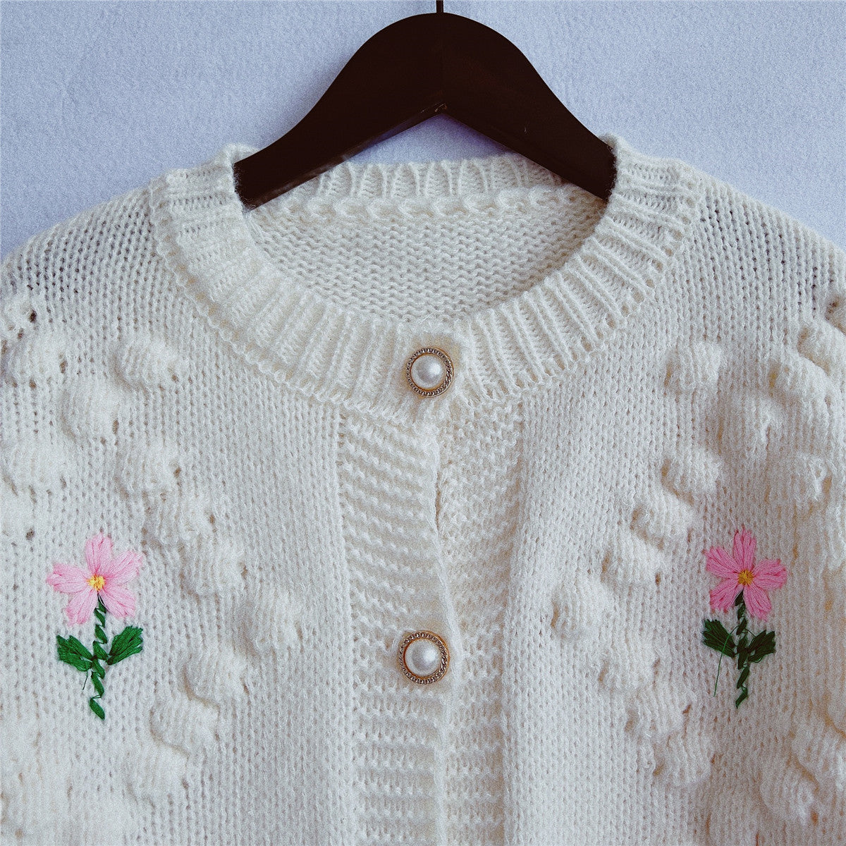 Floral Embroidery Crochet Pearl Button Knit Cardigan