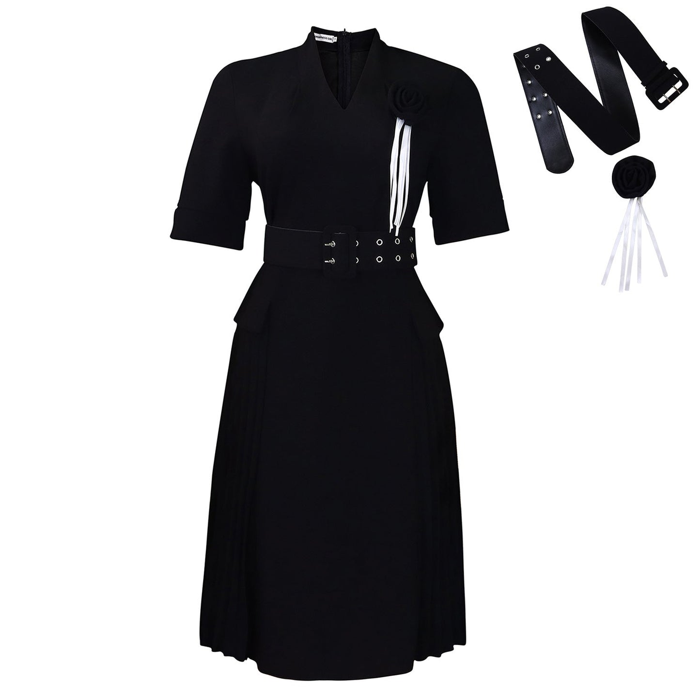 V-Neck A-Line Dress With High Waist And Ruffle Detail