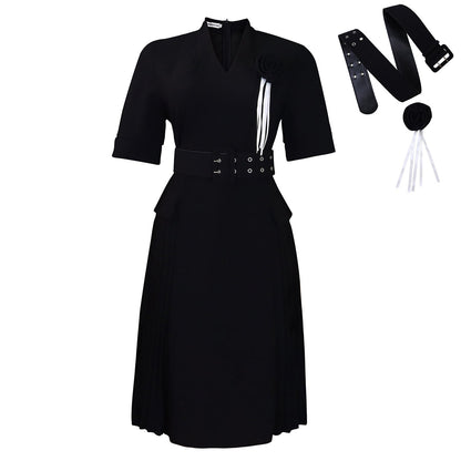 V-Neck A-Line Dress With High Waist And Ruffle Detail