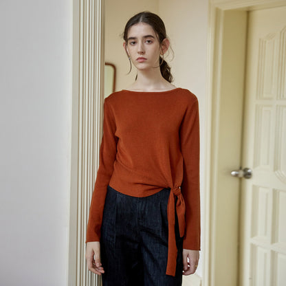 Asymmetrical Waist Tie Knit Top Elegant Casual Long Sleeve