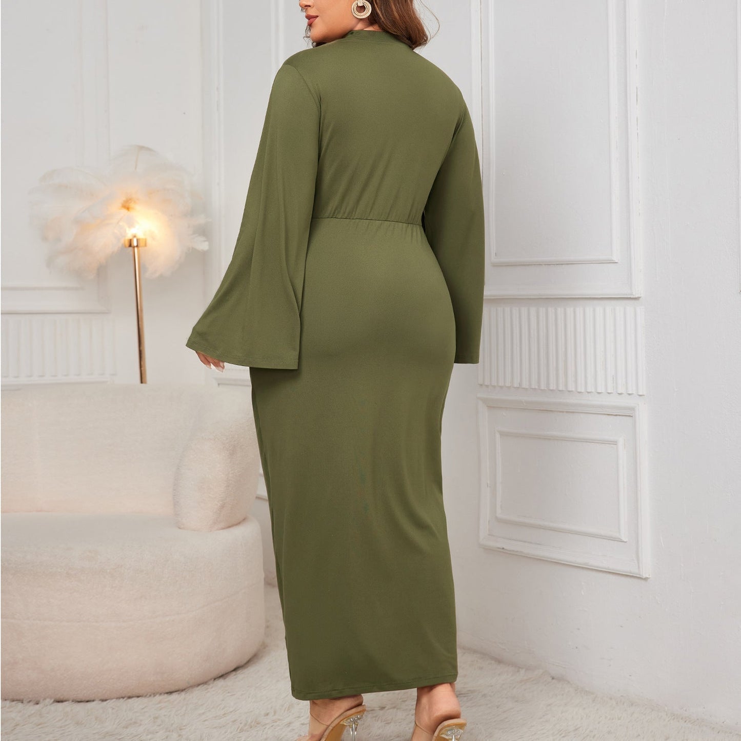 Solid Color High Neck A-Line Maxi Dress With Belt