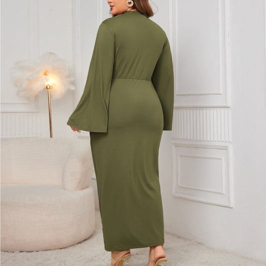 Solid Color High Neck A-Line Maxi Dress With Belt