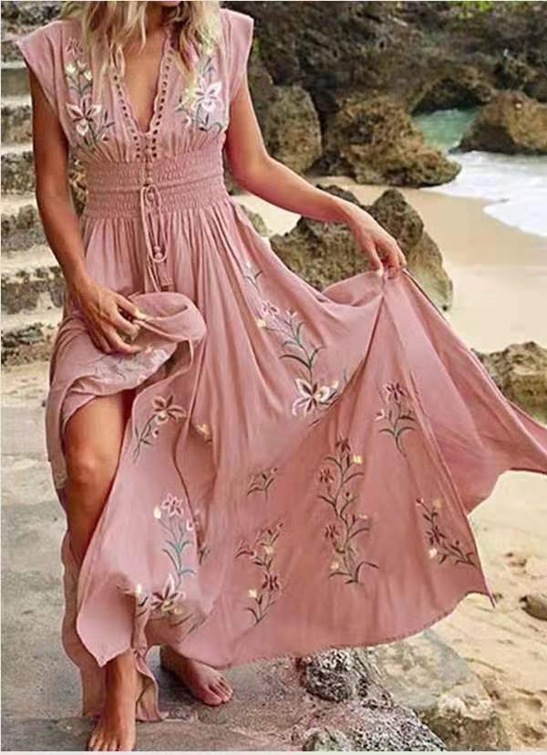 Women'S V-Neck Sexy French Beach Boho Print Dress