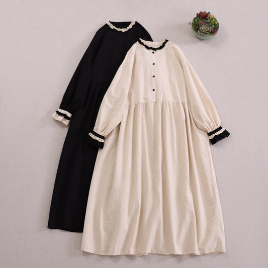 Gathered Neck Long Sleeve Cotton-Linen Maxi Dress