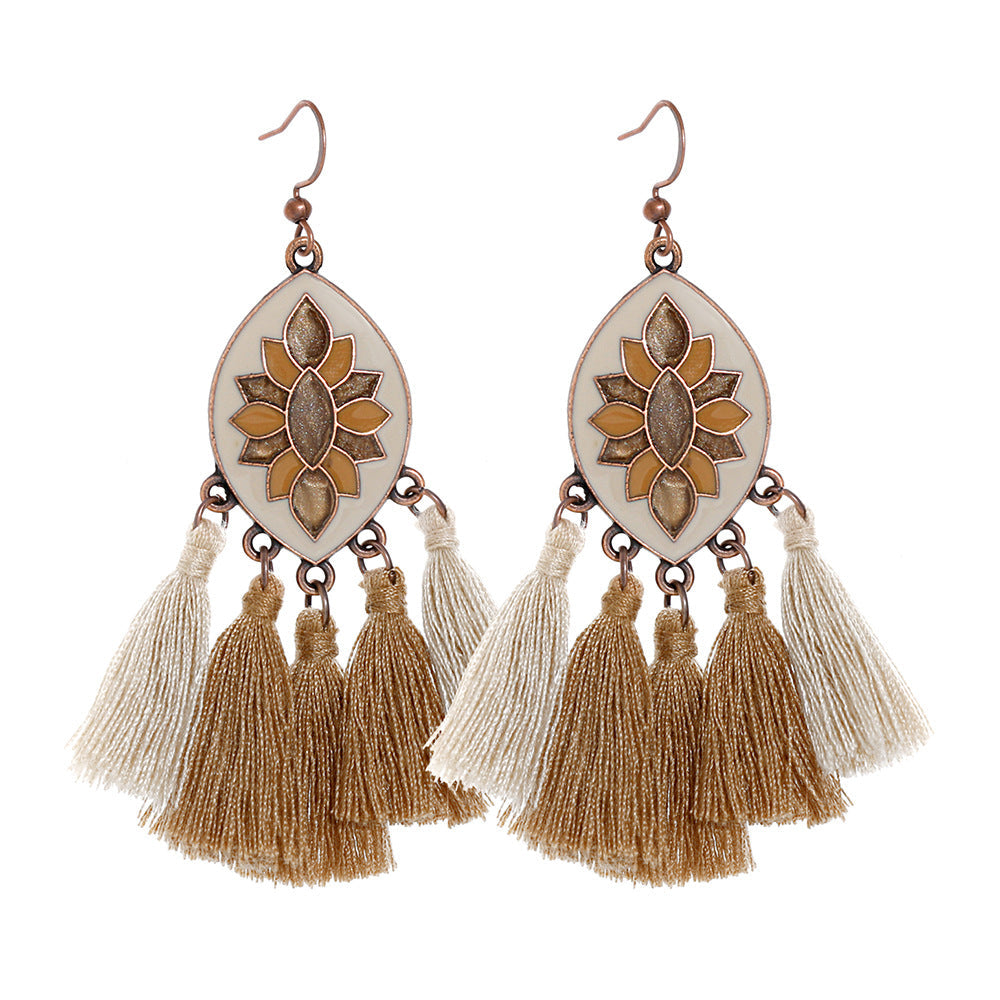 Bohemian Vintage Inspired Earrings with Feather and Tassel Elements