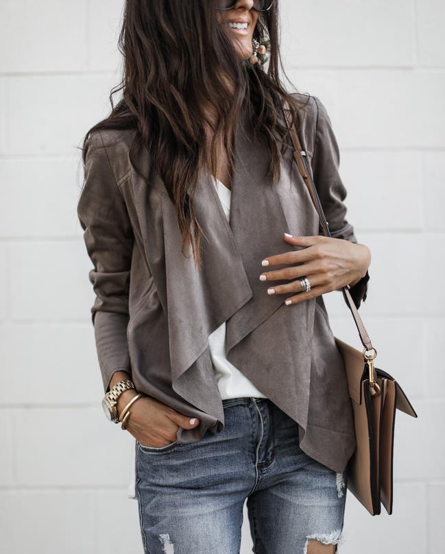 Autumn/Winter New Lapel Solid Color Imitation Deerskin Midi Length Casual Women'S Jacket