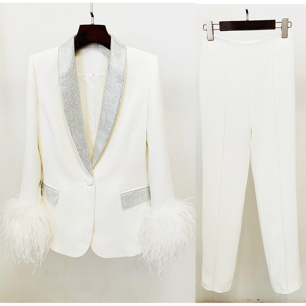 Luxury Ostrich Feather Blazer And Trouser Set