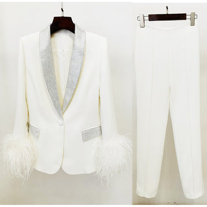 Luxury Ostrich Feather Blazer And Trouser Set