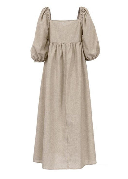 Linen Maxi Dress With Puff Sleeves And Square Neckline