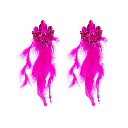 Bohemian Floral Alloy Rhinestone Long Feather Tassel Earrings