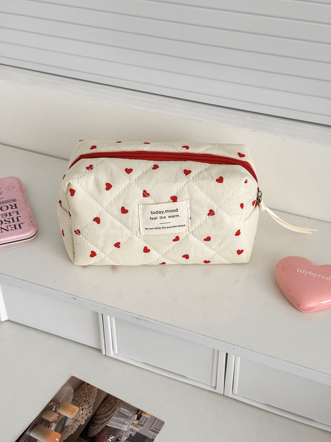 Red Heart Cosmetic Bag Stylish Multi-Functional Storage Pouch