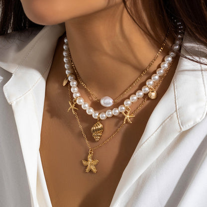 Beach Starfish Bead Necklace Vintage Pearl-Like Pendant