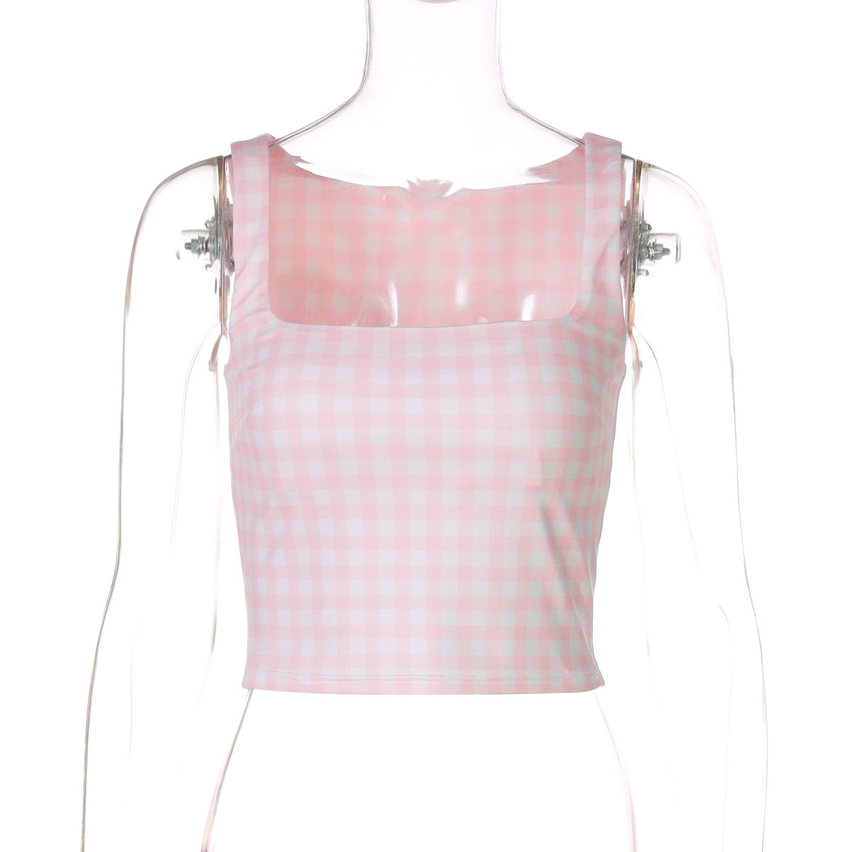Trendy Square Neck Plaid Print Cropped Tank Top