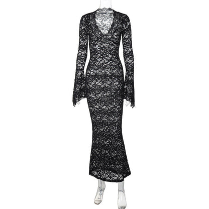 Sexy Deep V Lace Pattern Sheer Long Sleeve Maxi Dress