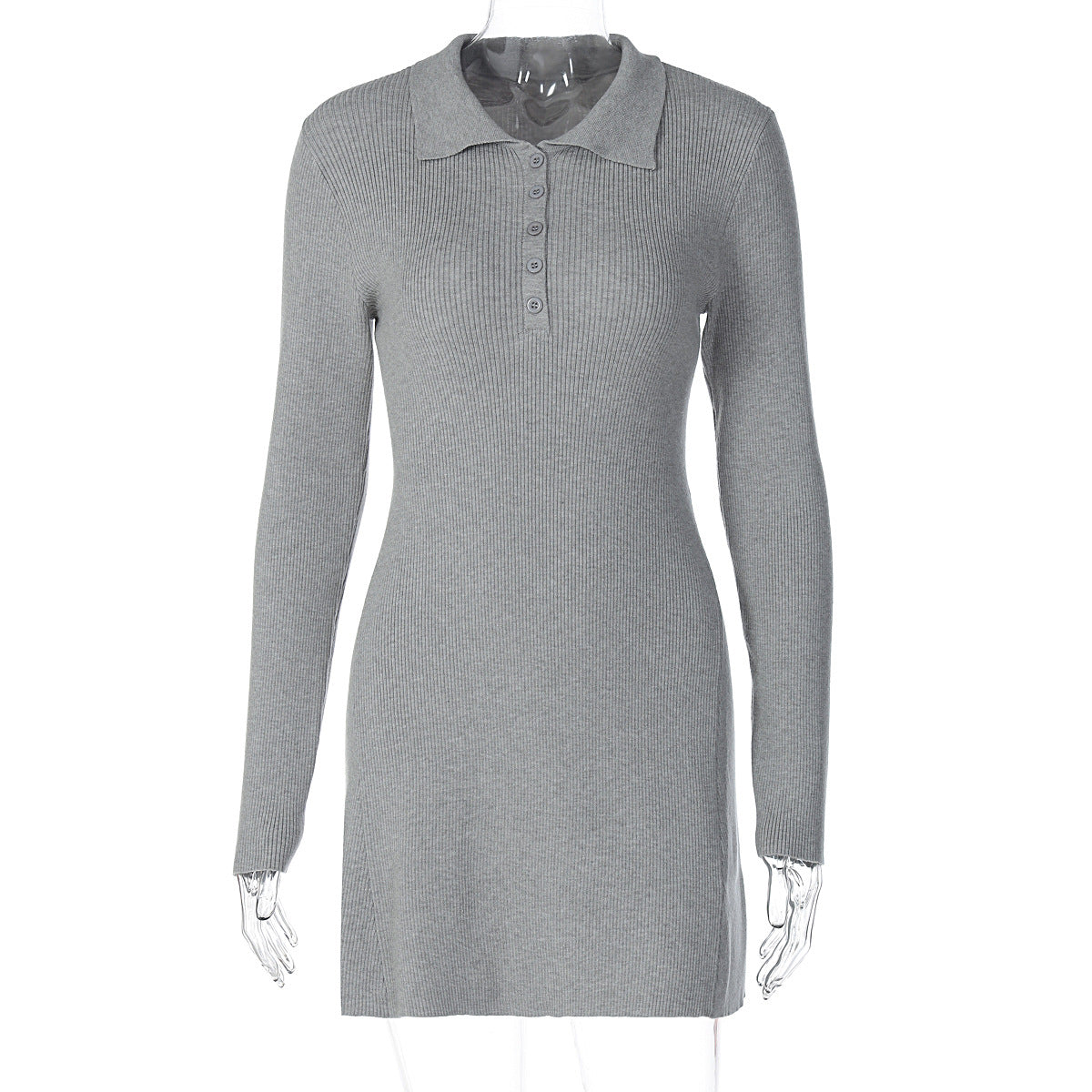 Trendy Casual Solid Color Polo Neck Long Sleeve Dress