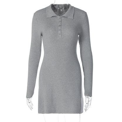 Trendy Casual Solid Color Polo Neck Long Sleeve Dress