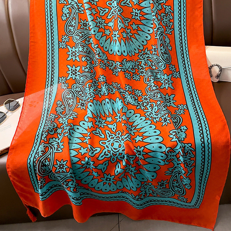 Ethnic Style Spring And Autumn New Blue Cotton Hemp Feel Thin Scarf With Flower Splice Fragmented Flower Retro Versatile Shawl