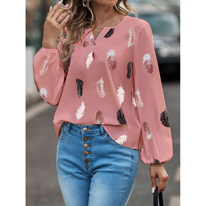 Women'S V-Neck Feather Print Long Sleeves Loose T-Shirt Blouse