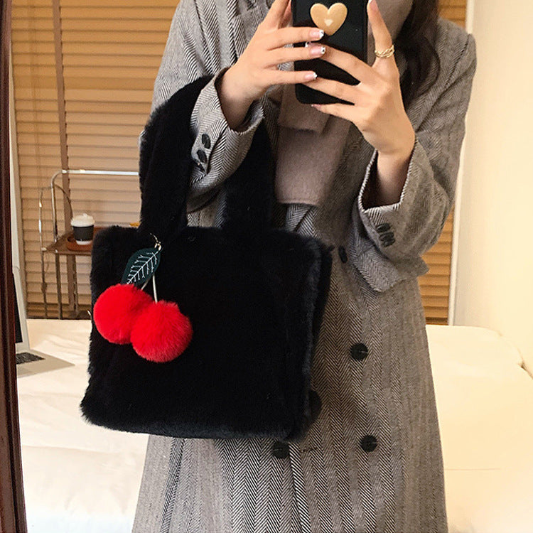 Trendy Plush Cherry Tote Bag Soft Handheld Shoulder Bag