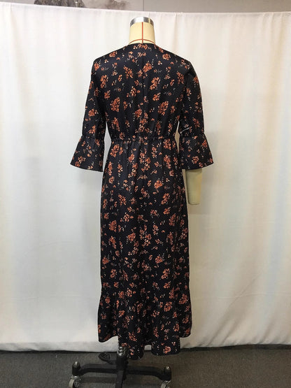 Floral Print V-Neck Midi Dress with Waist Tie