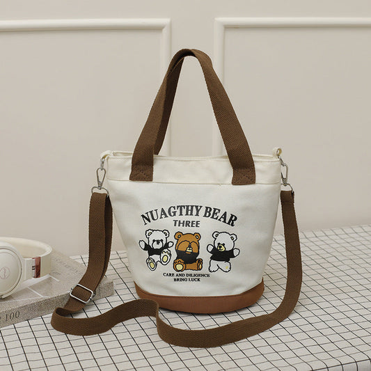 Cute Bear Canvas Tote Bag Portable Lunch Bag for Daily Use