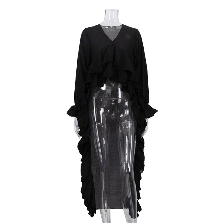 Ruffled Edge V-Neck Blouse with Bell Sleeves