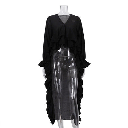 Ruffled Edge V-Neck Blouse with Bell Sleeves