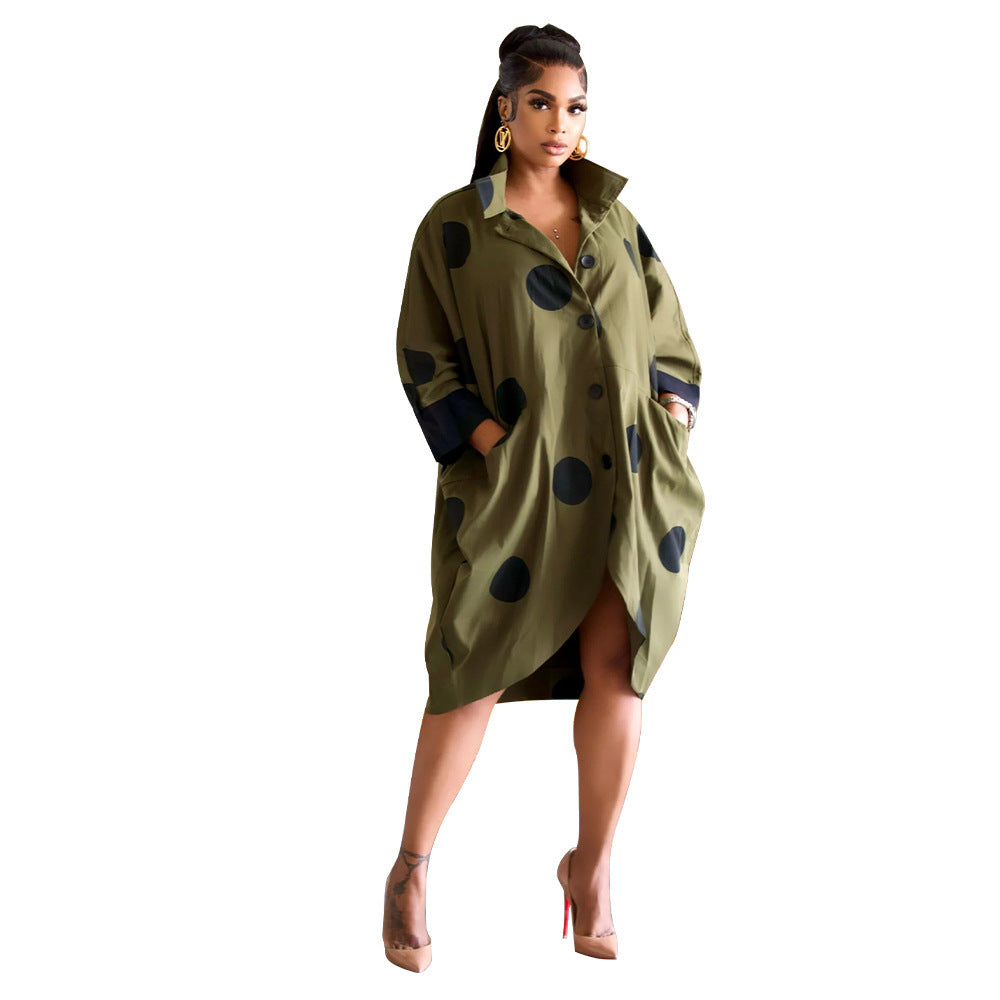 Digital Print Long Sleeve Shirt Dress With Pockets