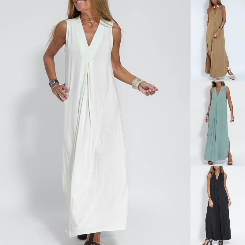 Solid Color V-Neck Maxi Dress and Cardigan Set for Women
