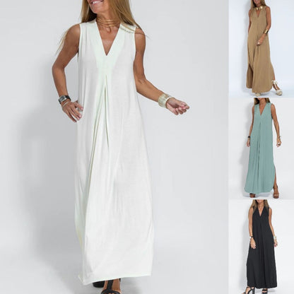 Solid Color V-Neck Maxi Dress and Cardigan Set for Women