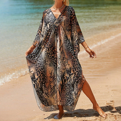 Summer Cotton Printed Beach Blouse Vacation Casual Bikini Sunscreen Beach Skirt