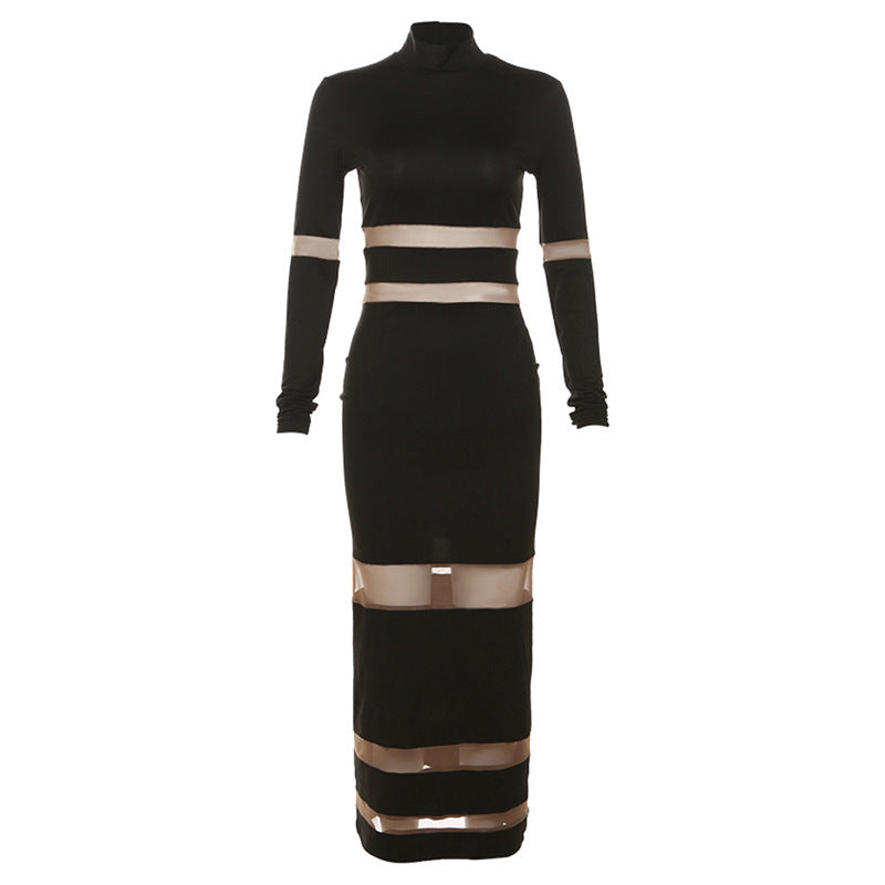 Trendy Elegant High-Neck Color Block Maxi Dress