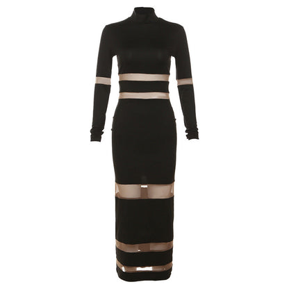 Trendy Elegant High-Neck Color Block Maxi Dress