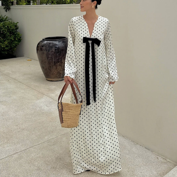 French Bow V-Neck Long Sleeve Dress Elegant Polka Dot Maxi Dress